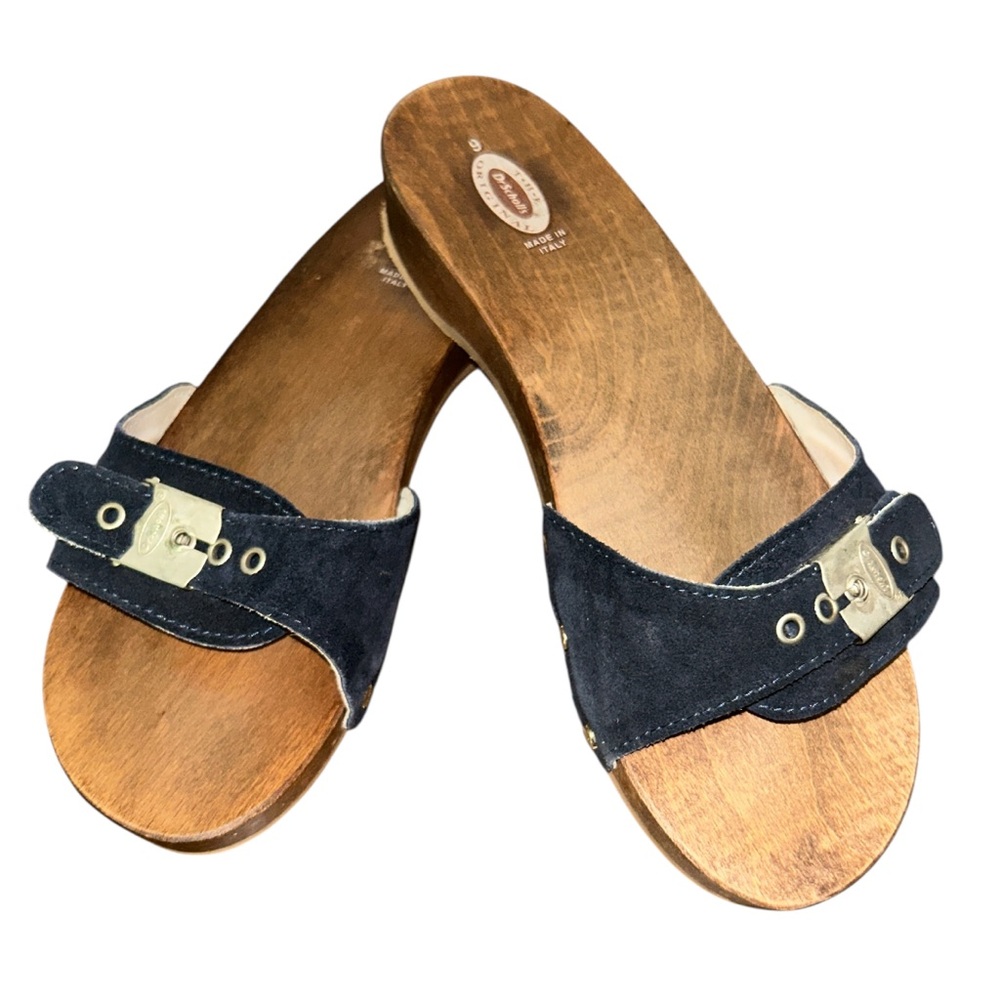Dr. Scholl’s Original 2008 Women’s Y2K Wooden Navy Suede Clogs w/ Box – Size 9